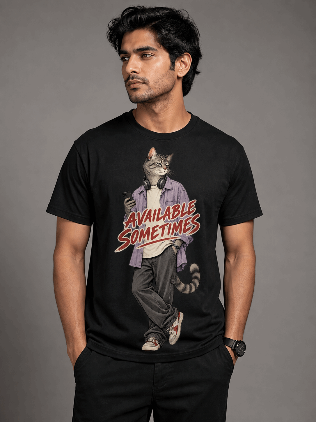 available sometimes cat black close male AI studio photoshoot