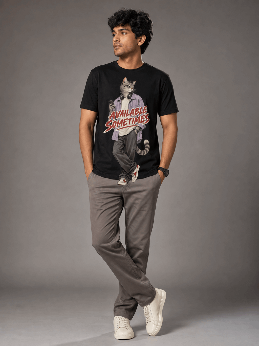 available sometimes cat black full male AI studio photoshoot