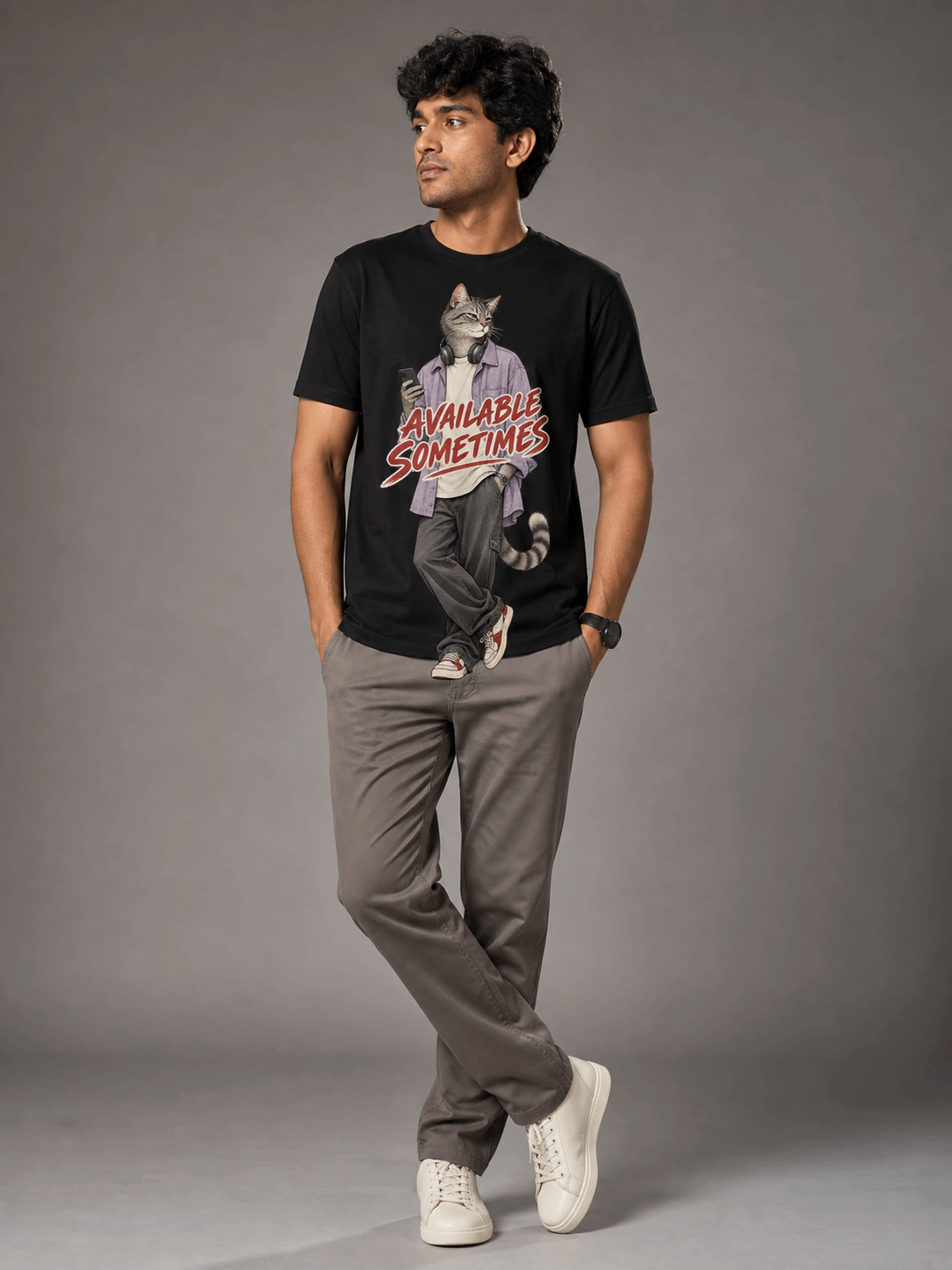 available sometimes cat black full male AI studio photoshoot