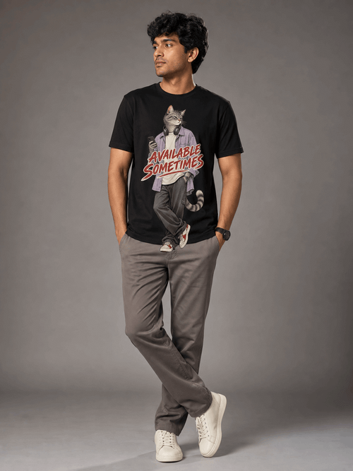 available sometimes cat black full male AI studio photoshoot