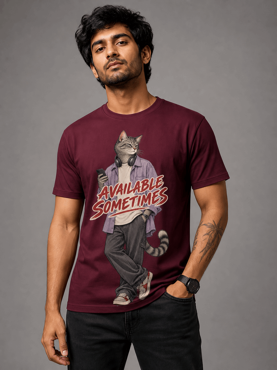 available sometimes cat maroon close male AI studio photoshoot