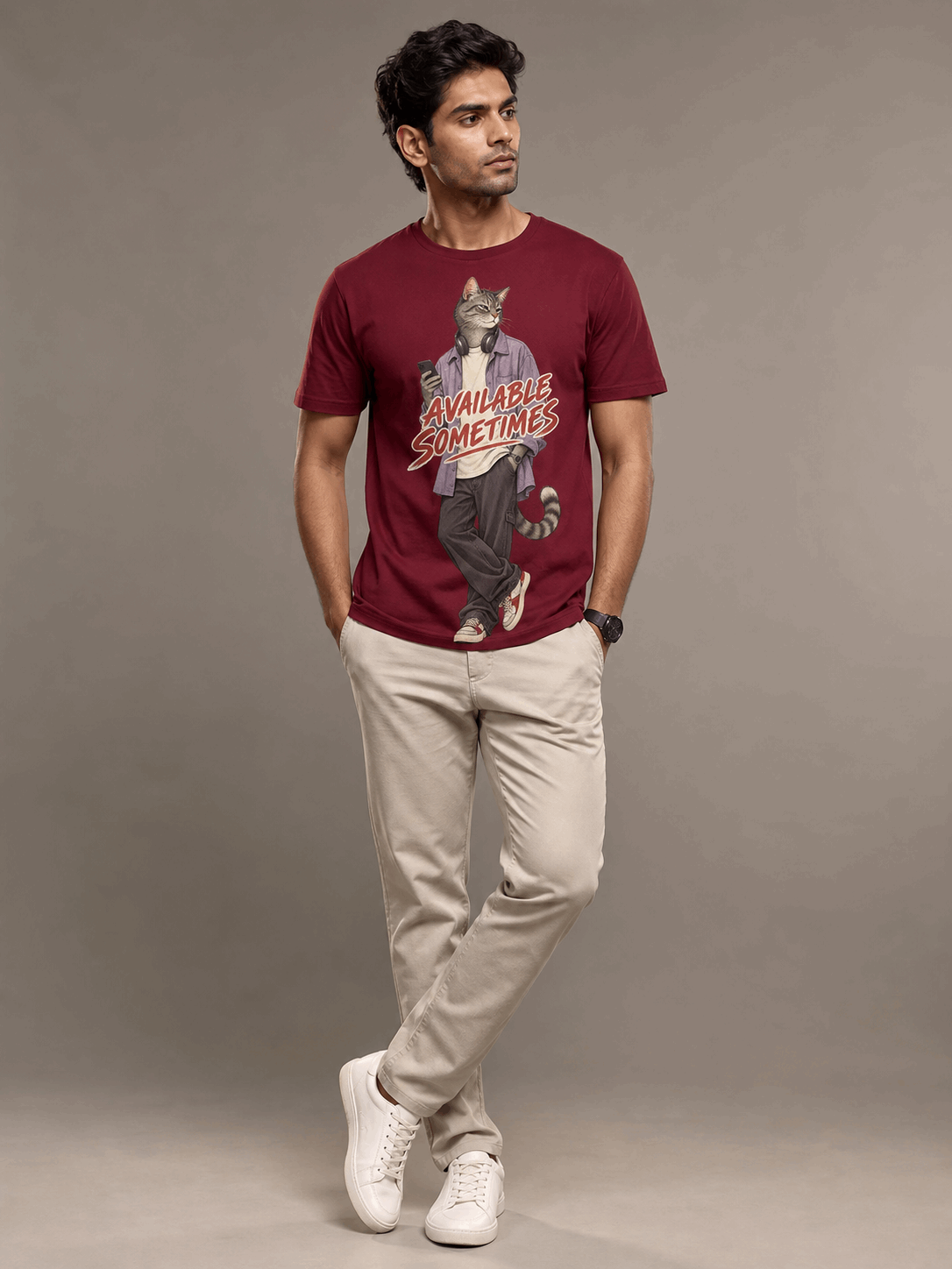 available sometimes cat maroon full male AI studio photoshoot