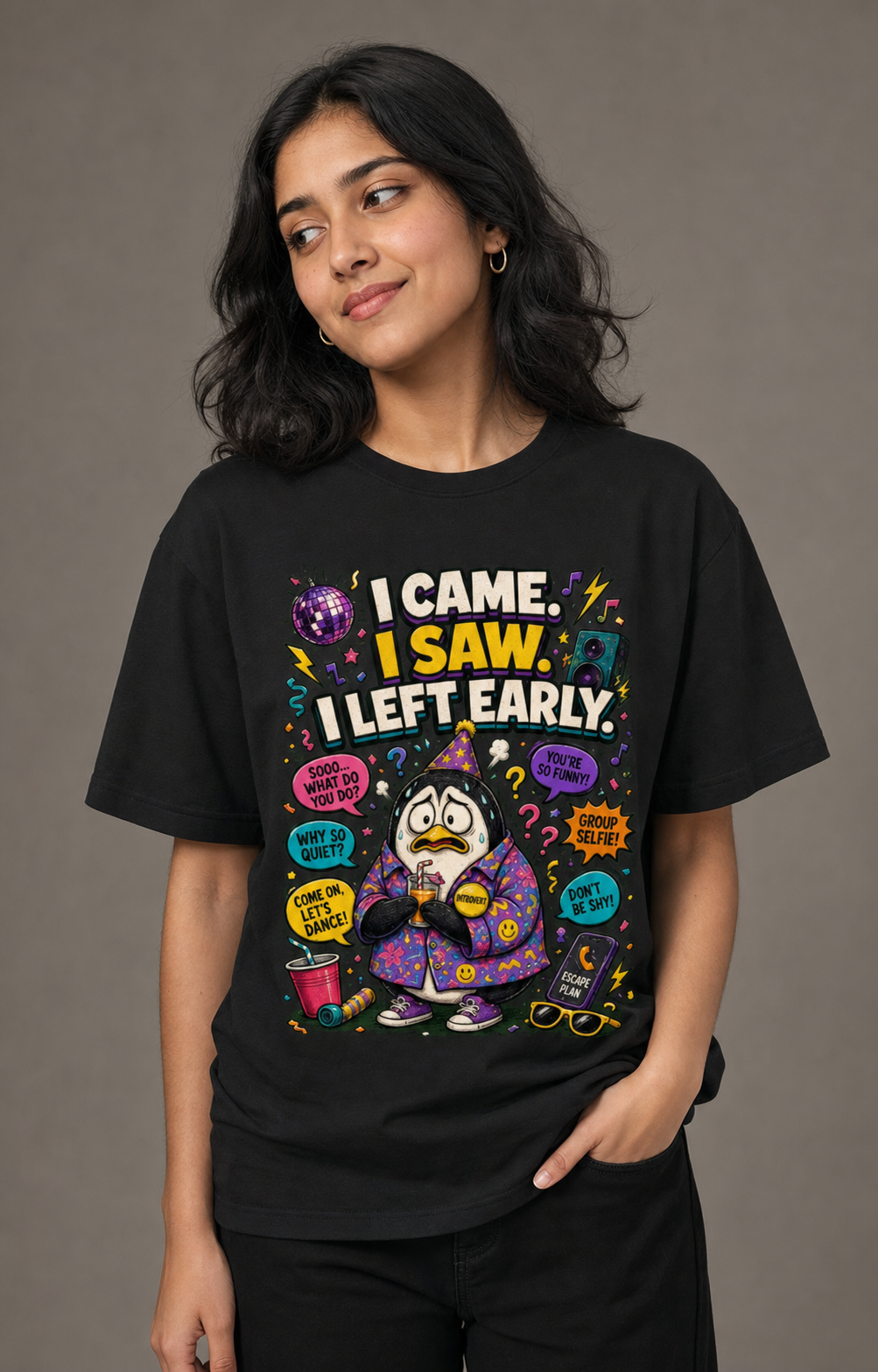 Awkward Penguin black DTG T-shirt on Indian female model, approximately 168 cm wearing size M
