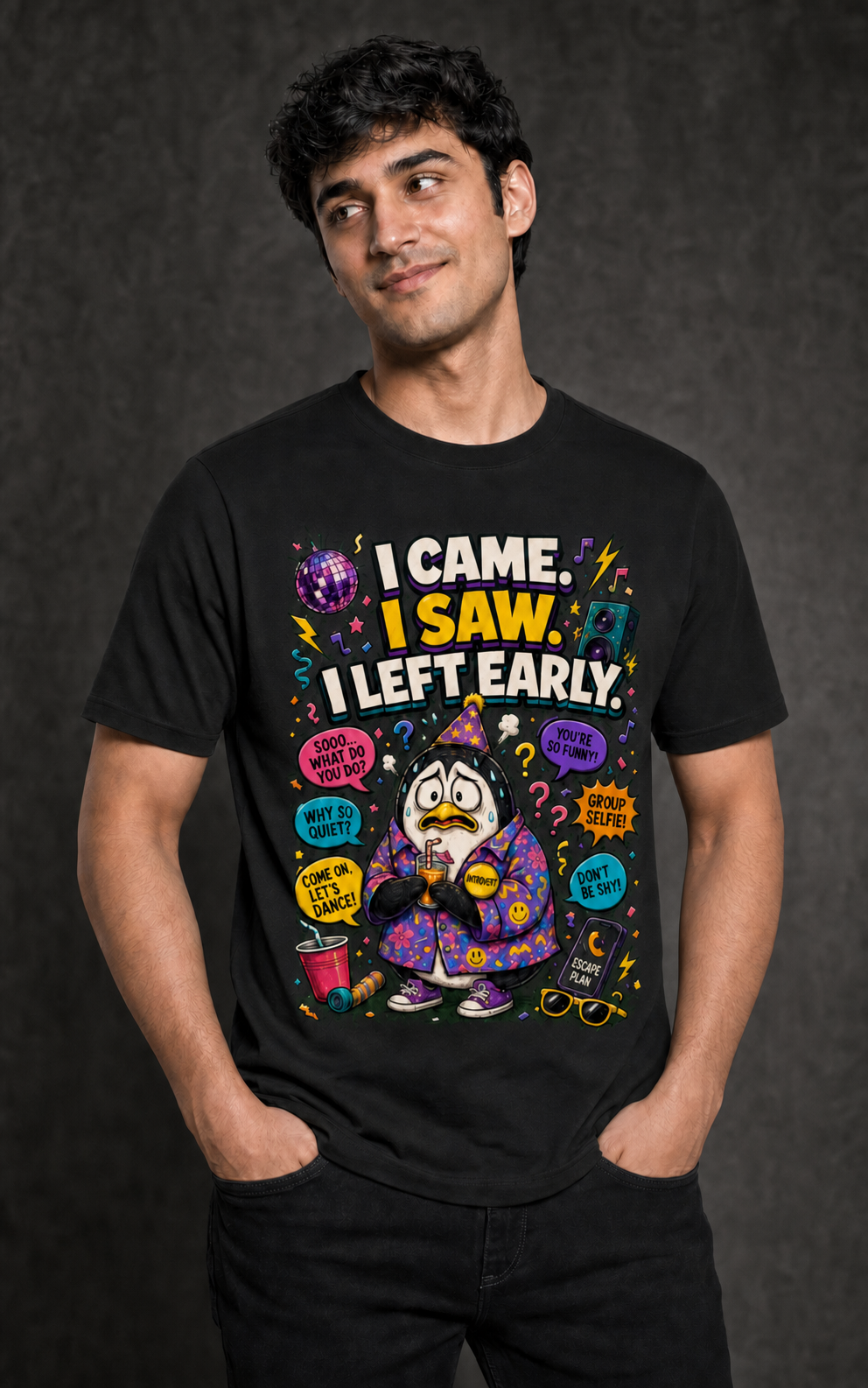 Awkward Penguin black DTG T-shirt on Indian male model, approximately 181 cm wearing size L