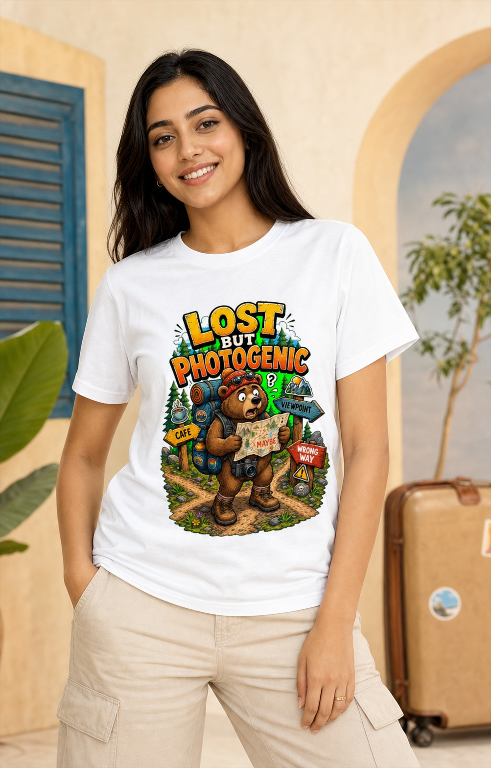 Backpack Bear white DTG T-shirt on Indian female model, approximately 168 cm wearing size M