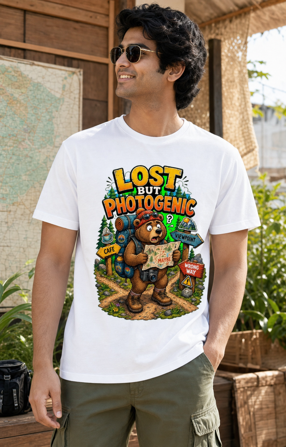 Backpack Bear white DTG T-shirt on Indian male model, approximately 183 cm wearing size L