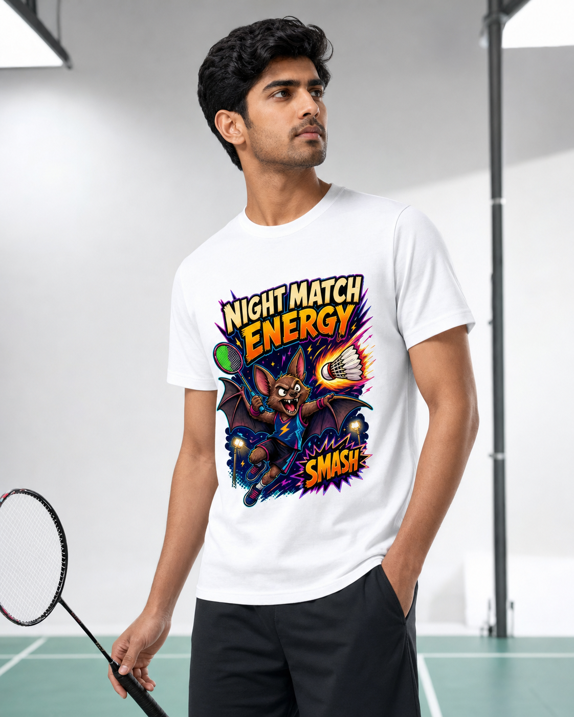 Badminton Bat white DTG T-shirt on Indian male model, approximately 183 cm wearing size L