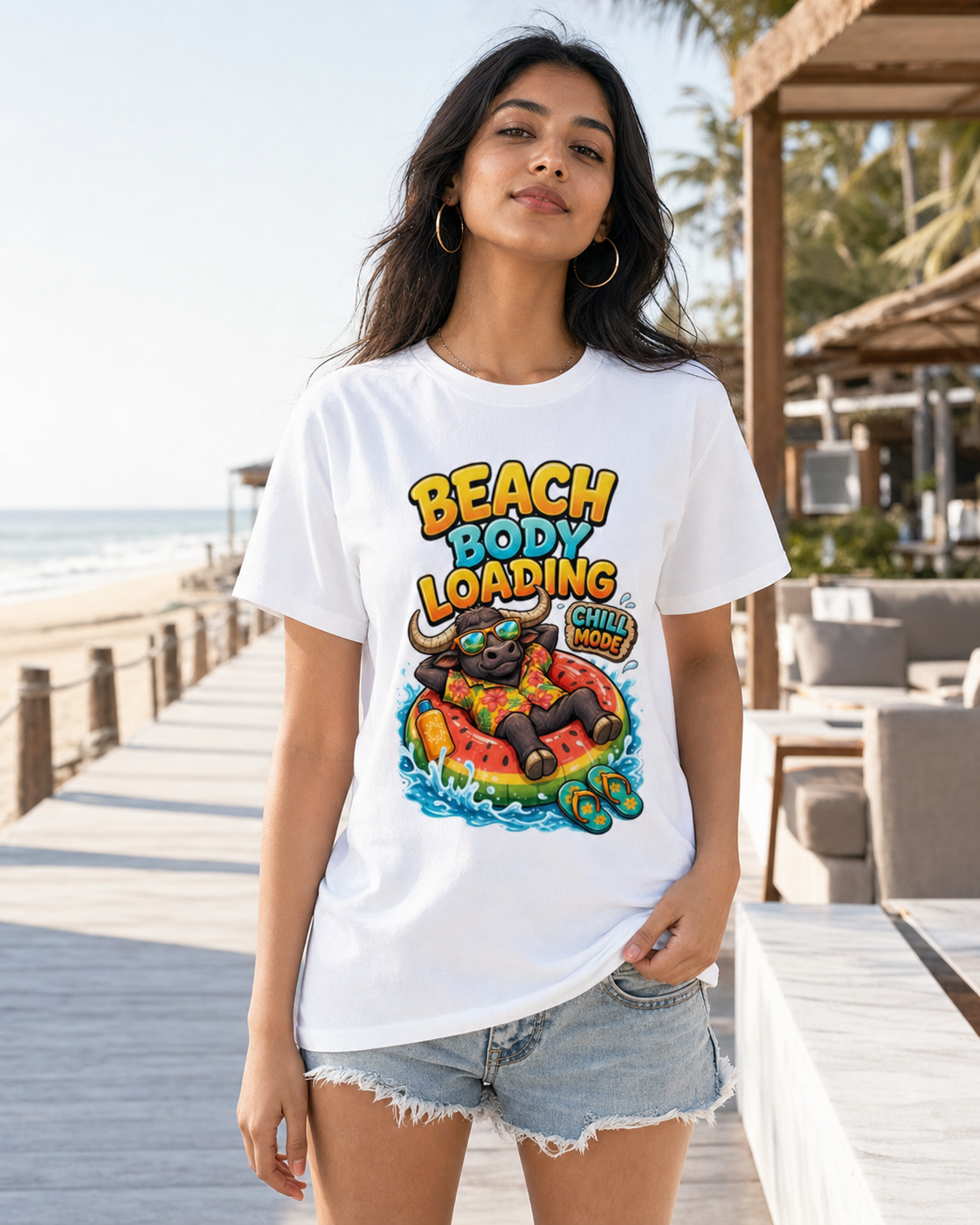 Beach Buffalo white Supima cotton DTG T-shirt on Indian female model, approximately 169 cm wearing size M