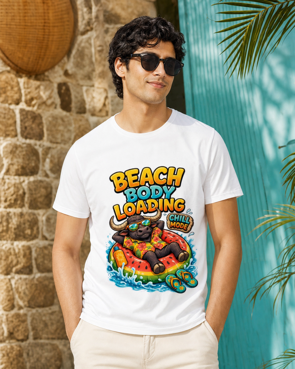 Beach Buffalo white Supima cotton DTG T-shirt on Indian male model, approximately 183 cm wearing size L