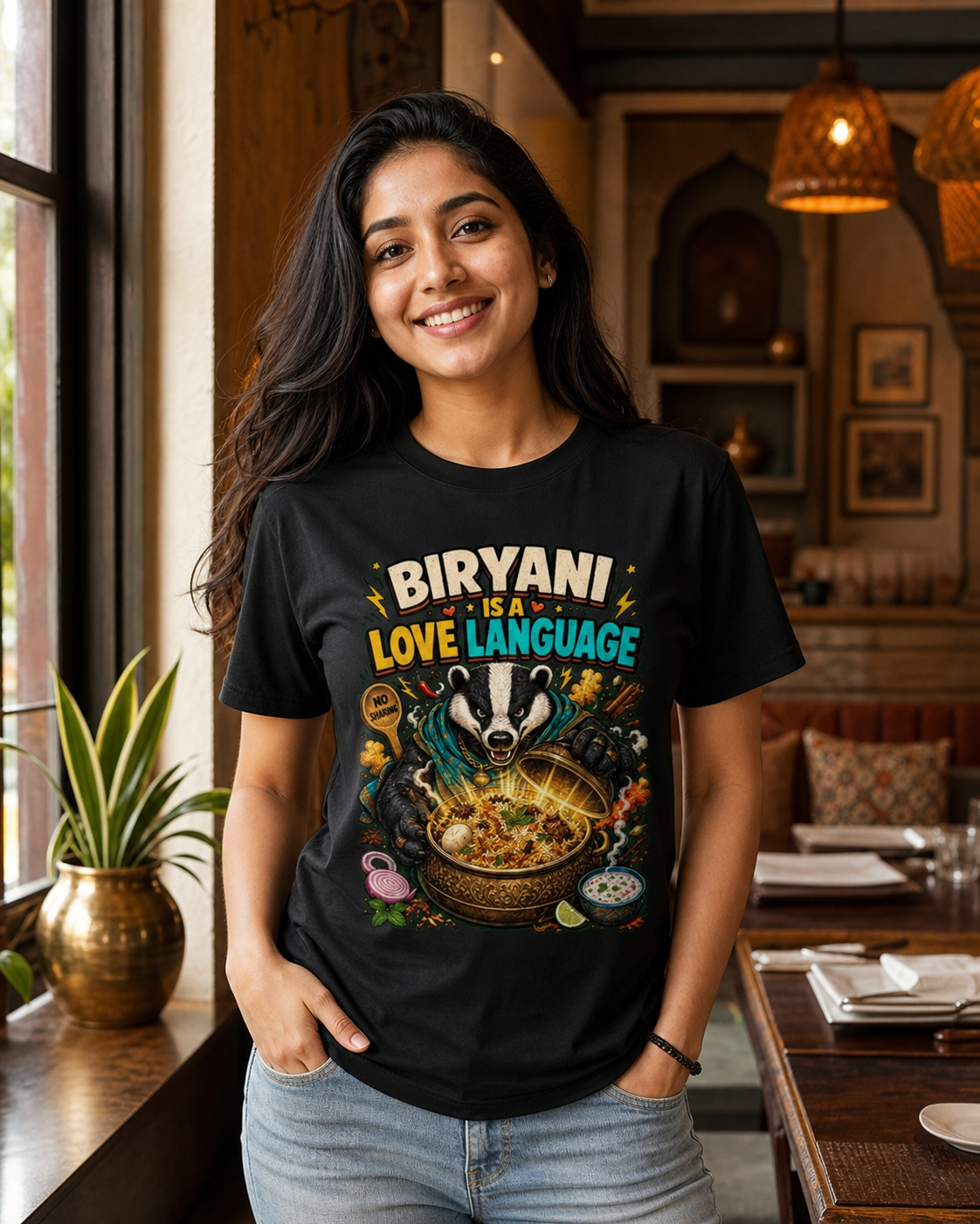 Biryani Badger black Supima cotton DTG T-shirt on Indian female model, approximately 168 cm wearing size M