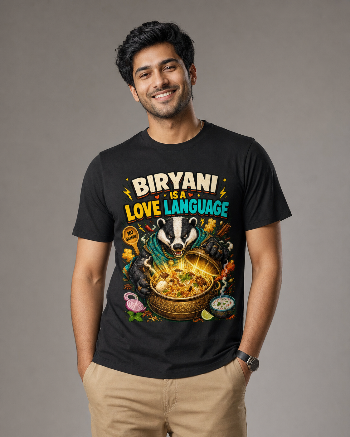 Biryani Badger black Supima cotton DTG T-shirt on Indian male model, approximately 183 cm wearing size L