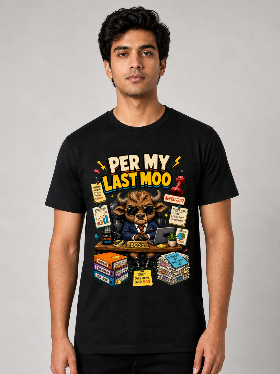 Indian male model wearing black Boss Baby Buffalo Supima T-shirt with matte DTG print; AI-generated styling reference, approximately 183 cm, size L