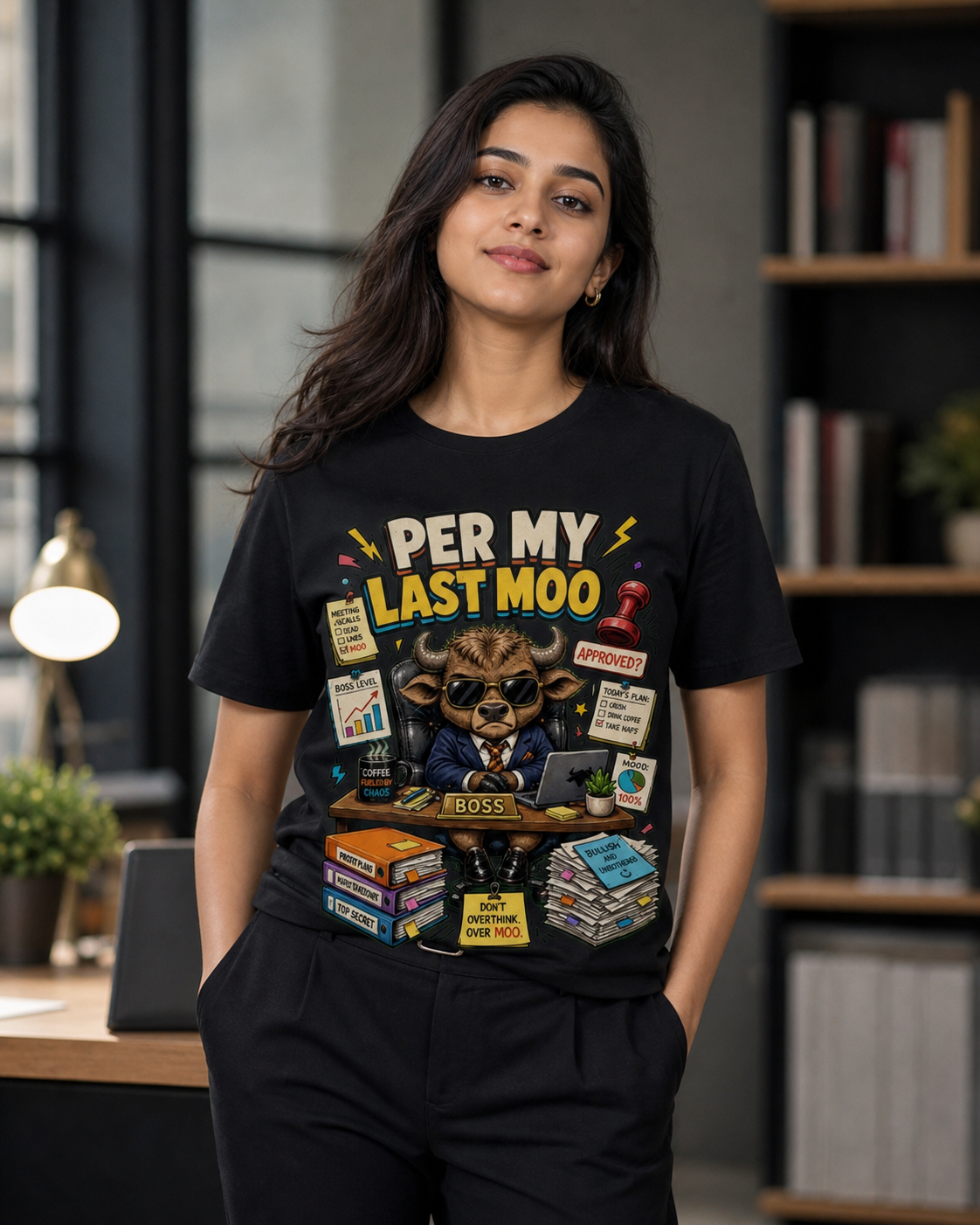 Boss Baby Buffalo black Supima cotton DTG T-shirt on Indian female model, approximately 168 cm wearing size M