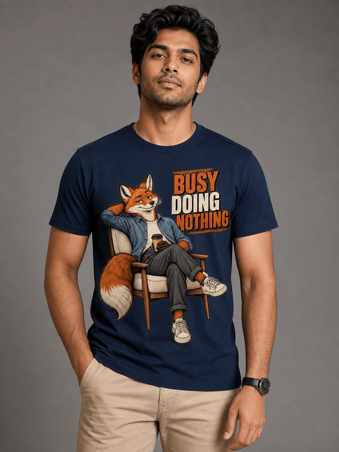 busy doing nothing fox navy blue close male AI studio photoshoot