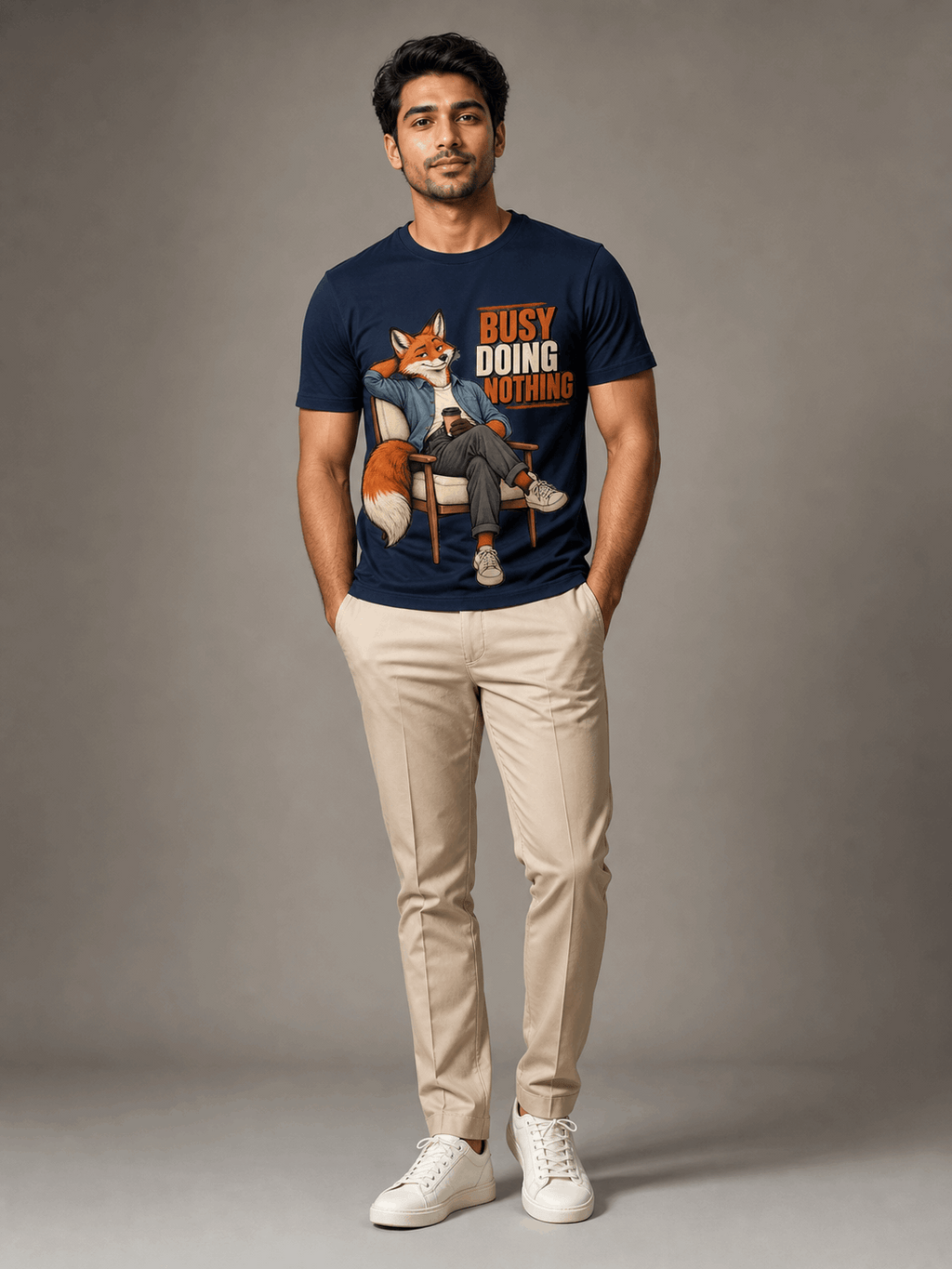 busy doing nothing fox navy blue full male AI studio photoshoot