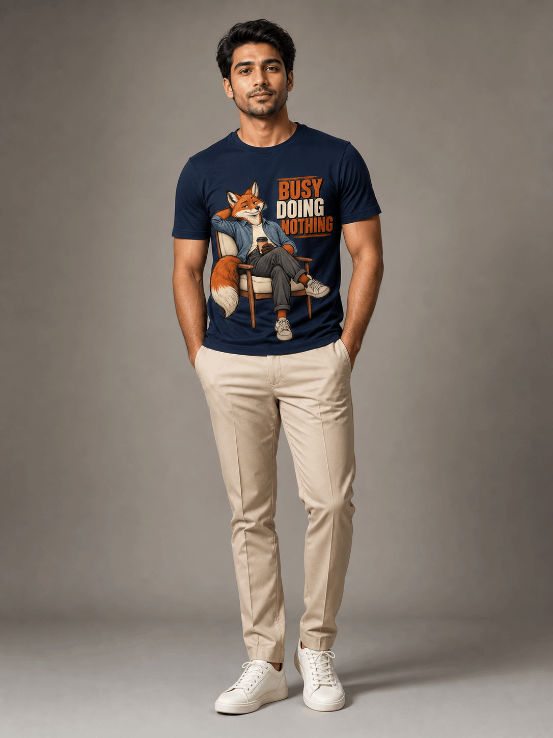 busy doing nothing fox navy blue full male AI studio photoshoot