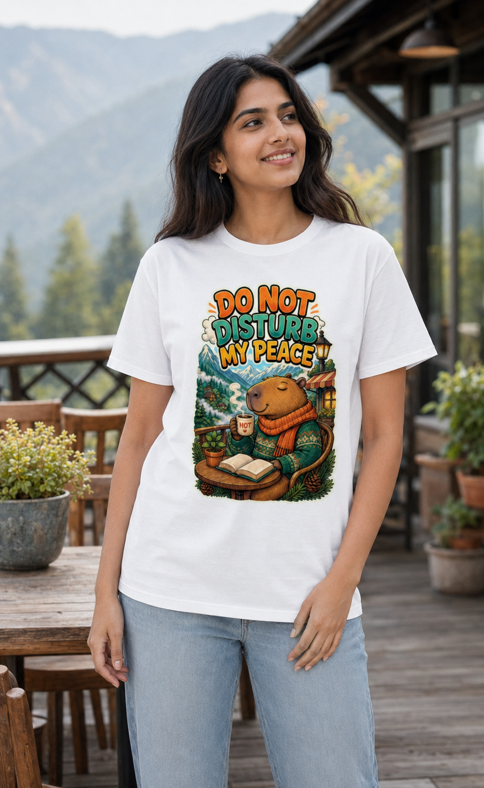 Indian woman wearing the white Cafe Capybara T-shirt at a hill cafe _c_1
