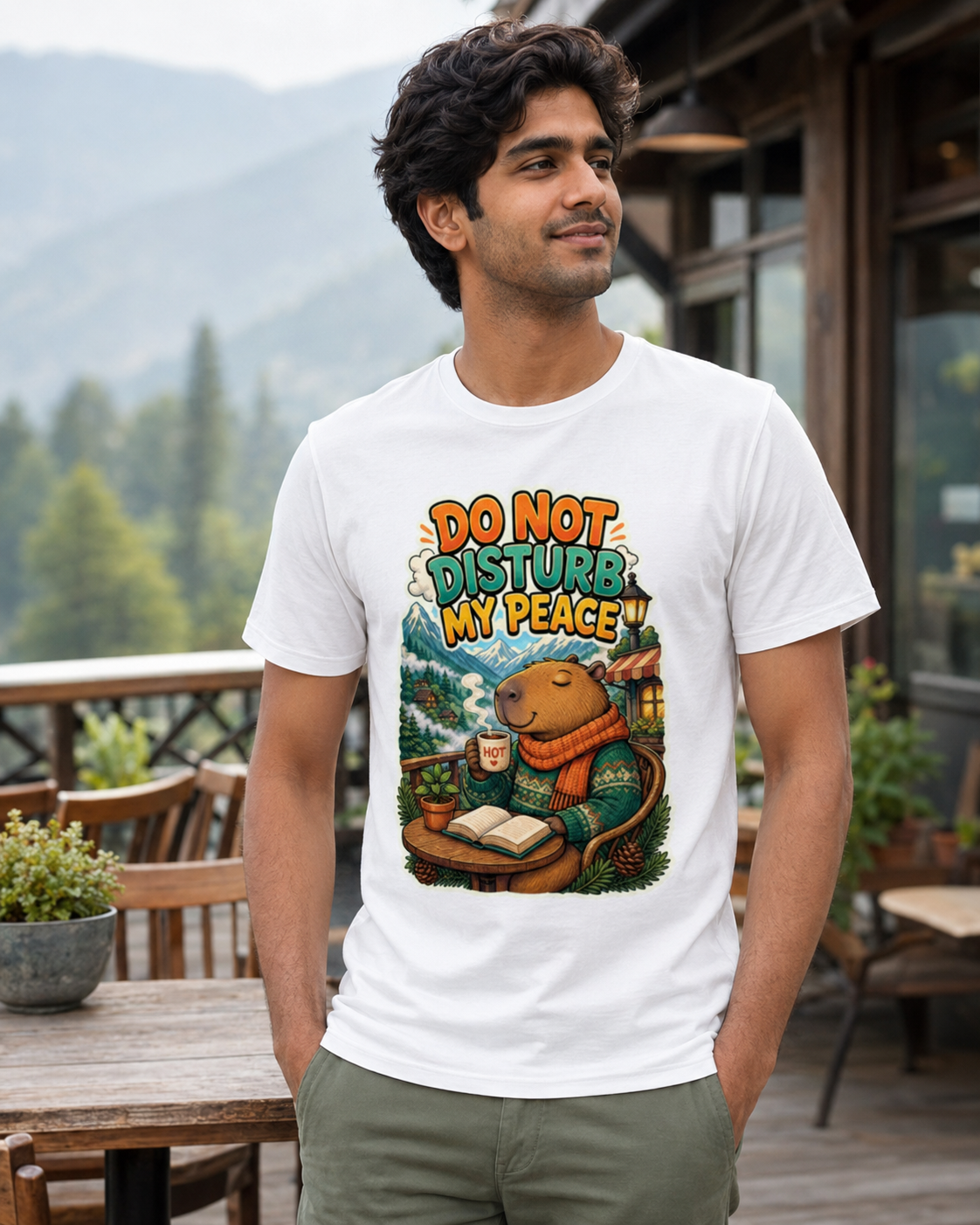 Indian man wearing the white Cafe Capybara T-shirt at a hill cafe _c_1
