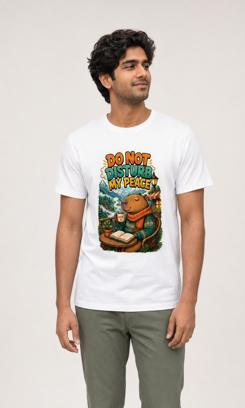 Indian man wearing the white Cafe Capybara T-shirt in a studio _c_1