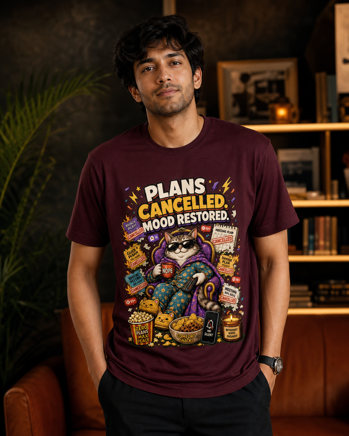 Cancel Plans Cat maroon Supima cotton DTG T-shirt on Indian male model, approximately 181 cm wearing size L