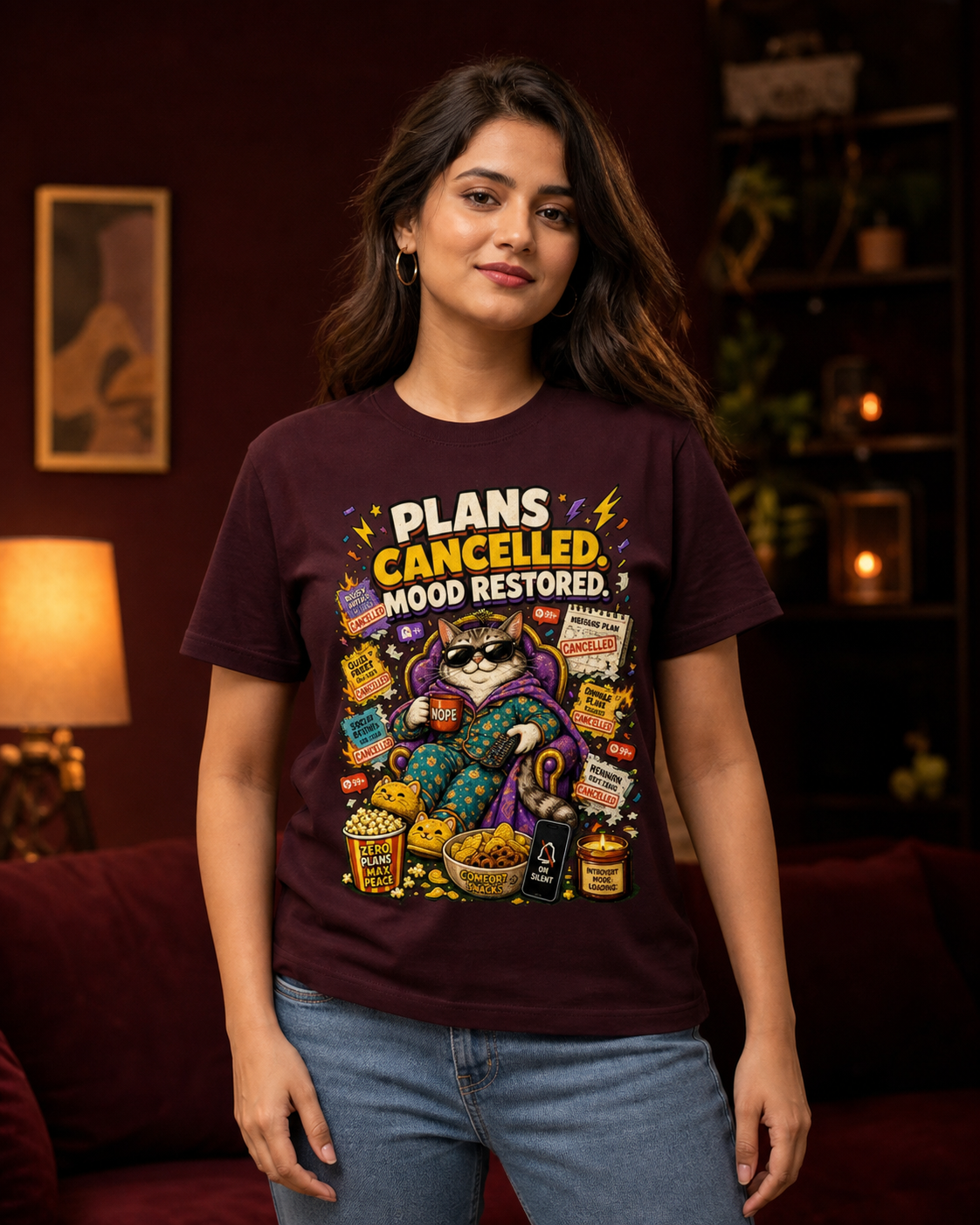 Cancel Plans Cat maroon Supima T-shirt on female model, approximately 170 cm wearing size M