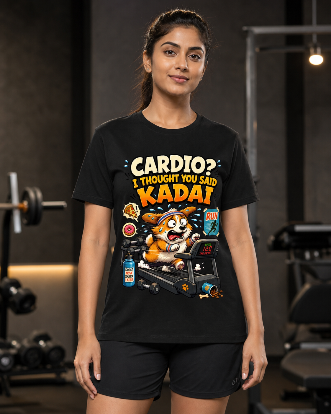 Cardio Corgi black Supima T-shirt on female model, approximately 169 cm wearing size M