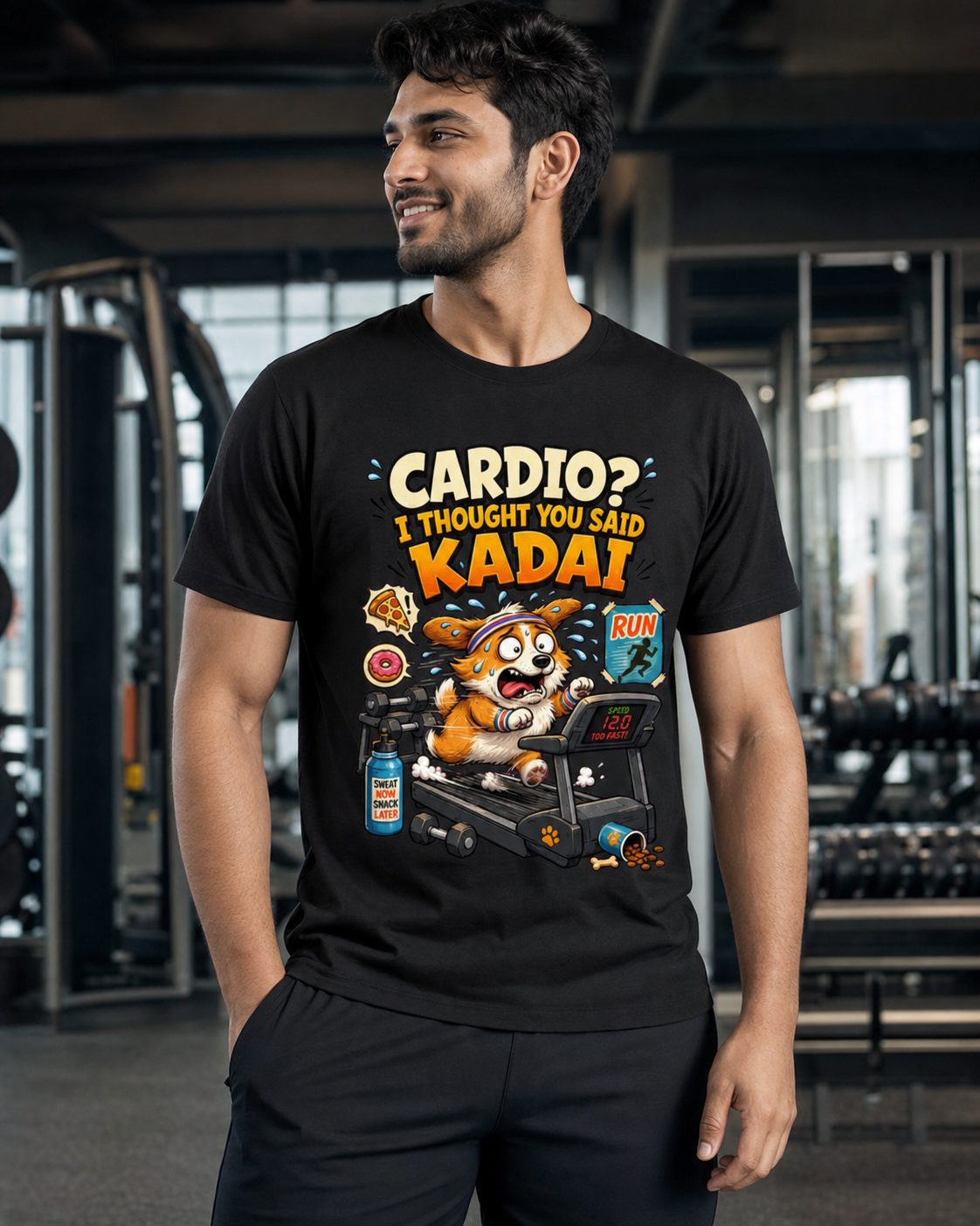 Cardio Corgi black Supima cotton DTG T-shirt on Indian male model, approximately 183 cm wearing size L