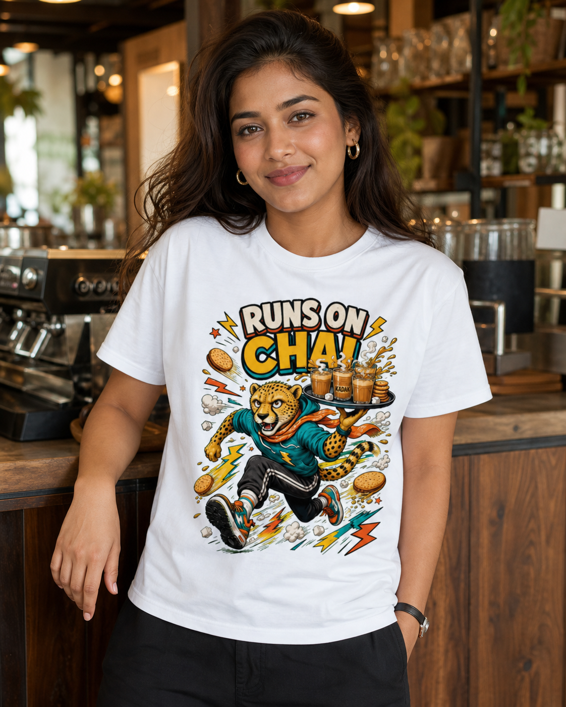 Chai Cheetah white Supima cotton DTG T-shirt on Indian female model, approximately 168 cm wearing size M