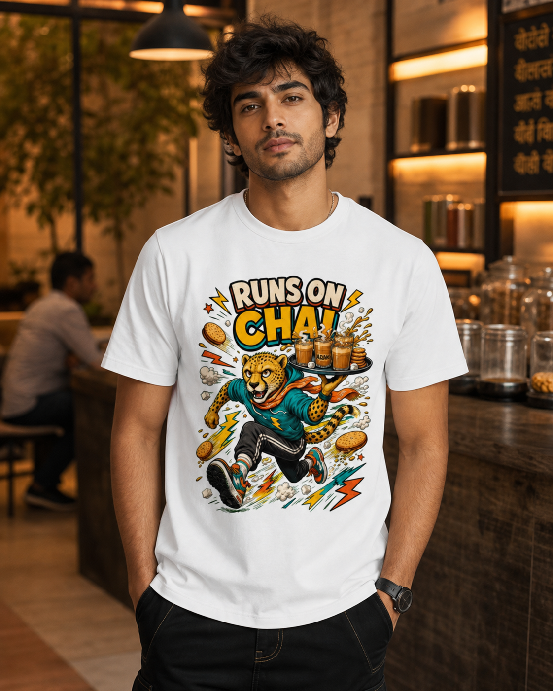 Chai Cheetah white Supima T-shirt on male model, approximately 180 cm wearing size M