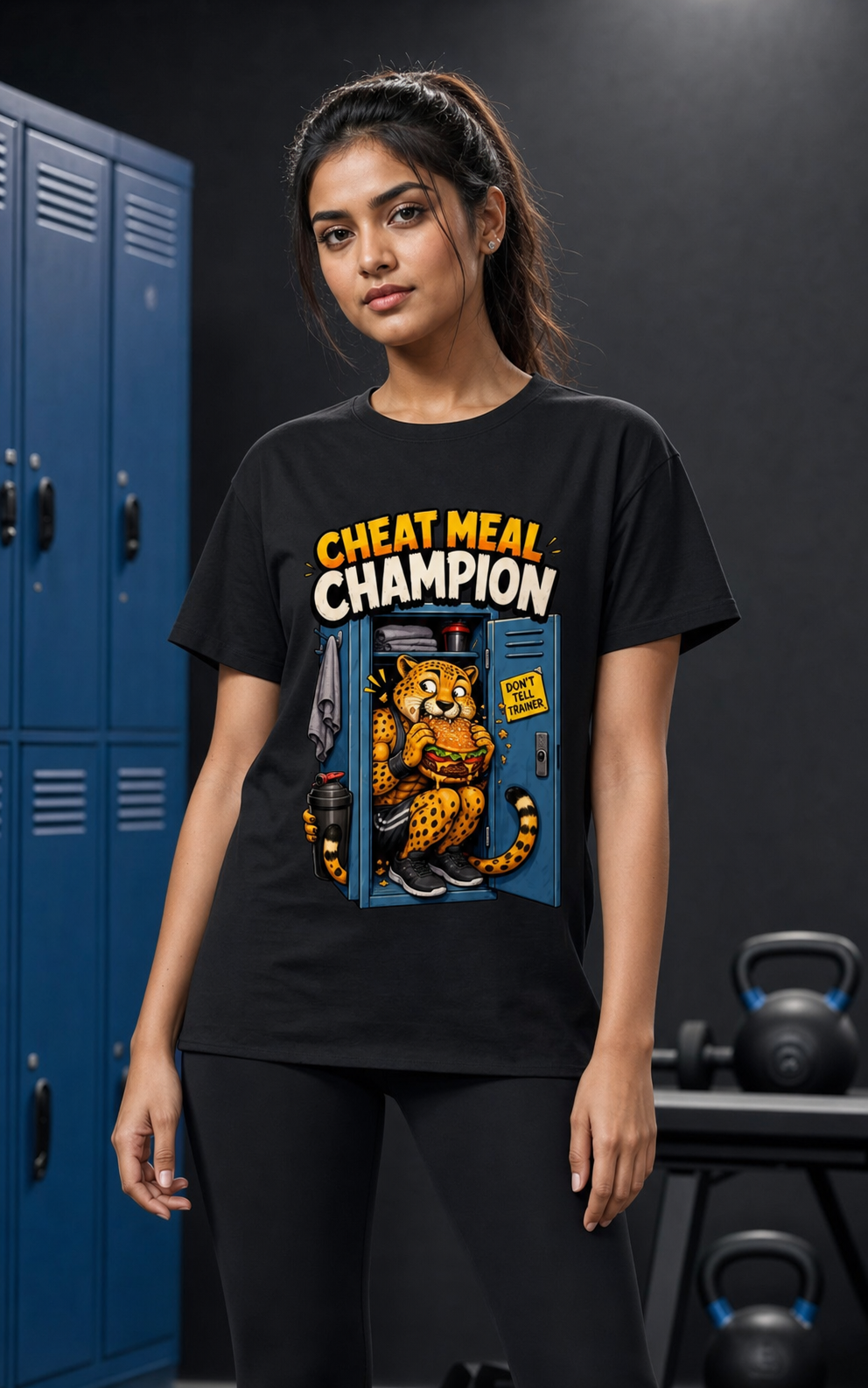 Cheat Meal Cheetah black Supima T-shirt on female model, approximately 168 cm wearing size M