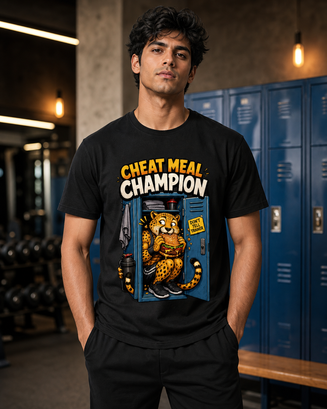 Cheat Meal Cheetah black Supima T-shirt on male model, approximately 182 cm wearing size L