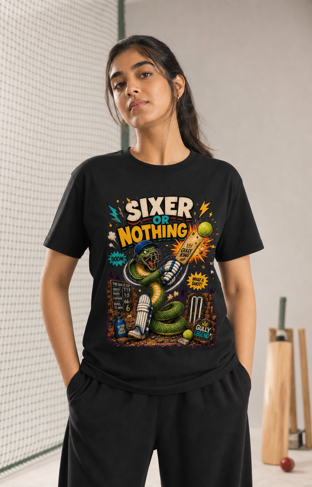 Cricket Cobra black DTG T-shirt on Indian female model, approximately 168 cm wearing size M