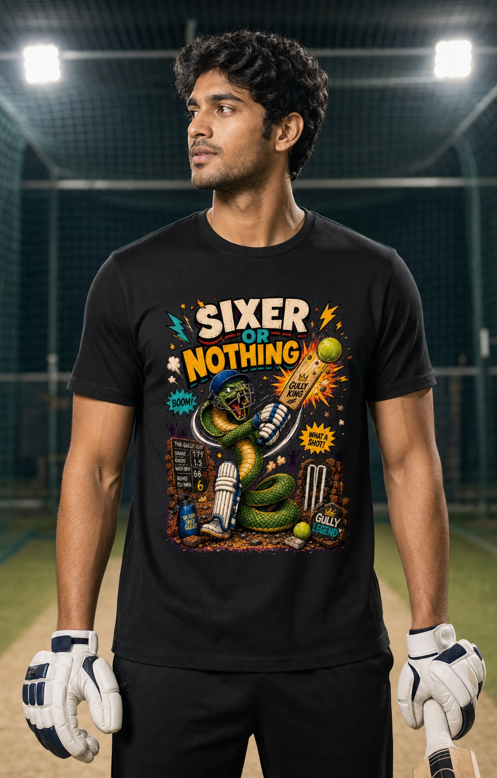 Cricket Cobra black DTG T-shirt on Indian male model, approximately 183 cm wearing size L