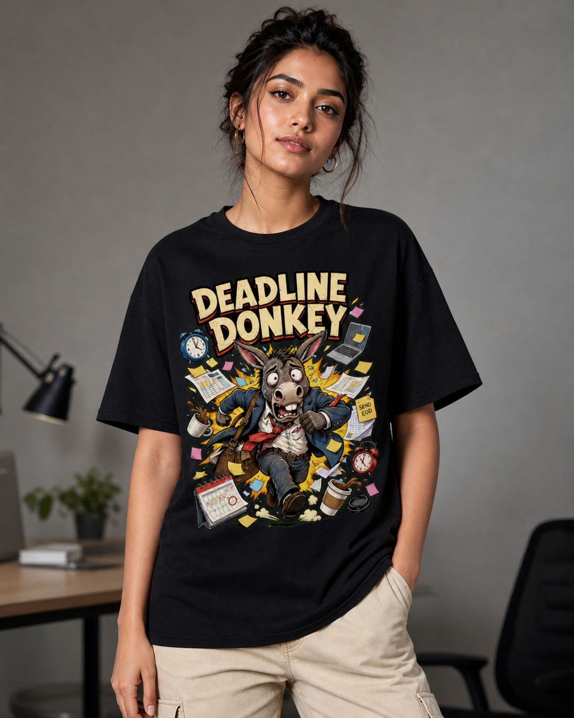 Deadline Donkey black DTG T-shirt on Indian female model, approximately 168 cm wearing size M