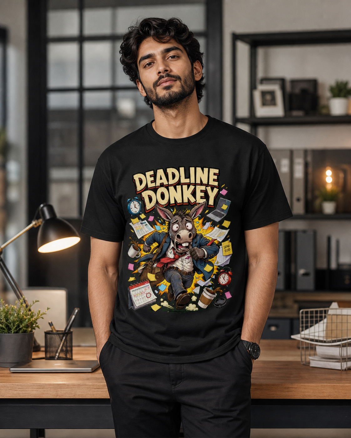 Deadline Donkey black DTG T-shirt on Indian male model, approximately 182 cm wearing size L