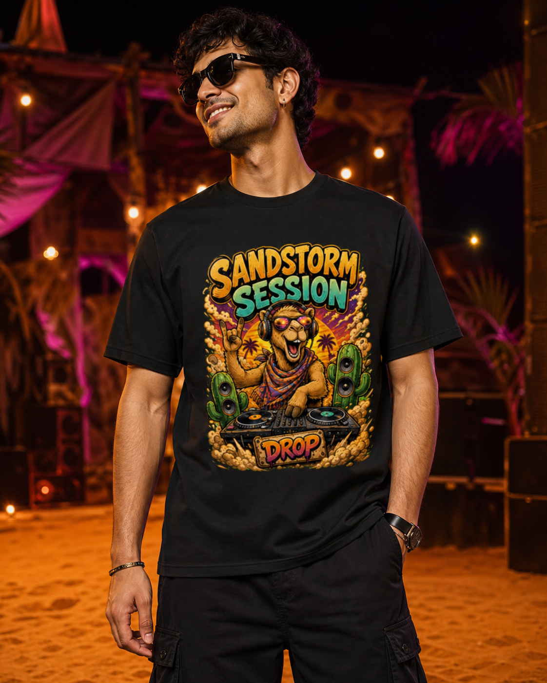 Desert Camel DJ black DTG T-shirt on Indian male model, approximately 182 cm wearing size L