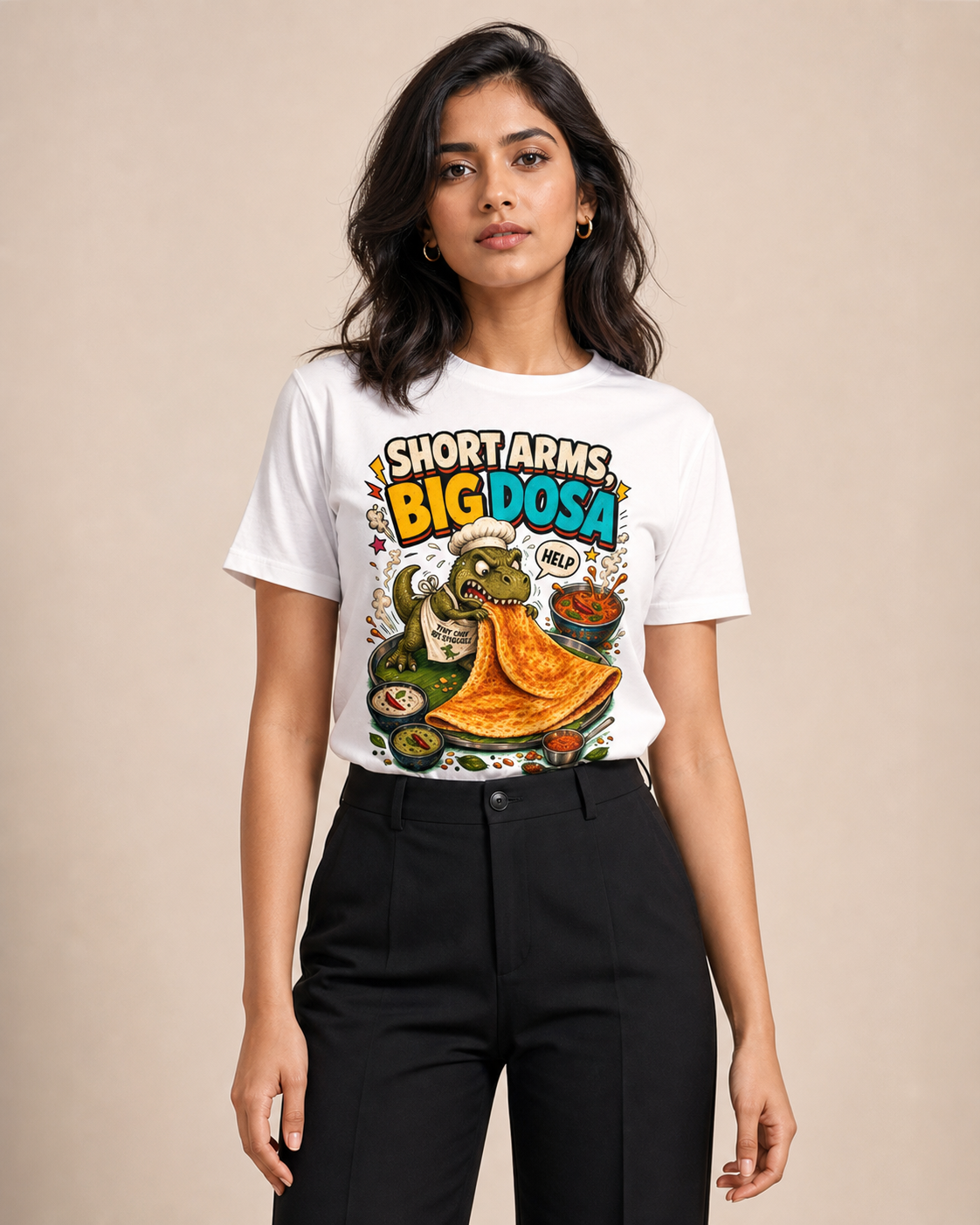 Dosa Dinosaur white DTG T-shirt on Indian female model, approximately 168 cm wearing size M