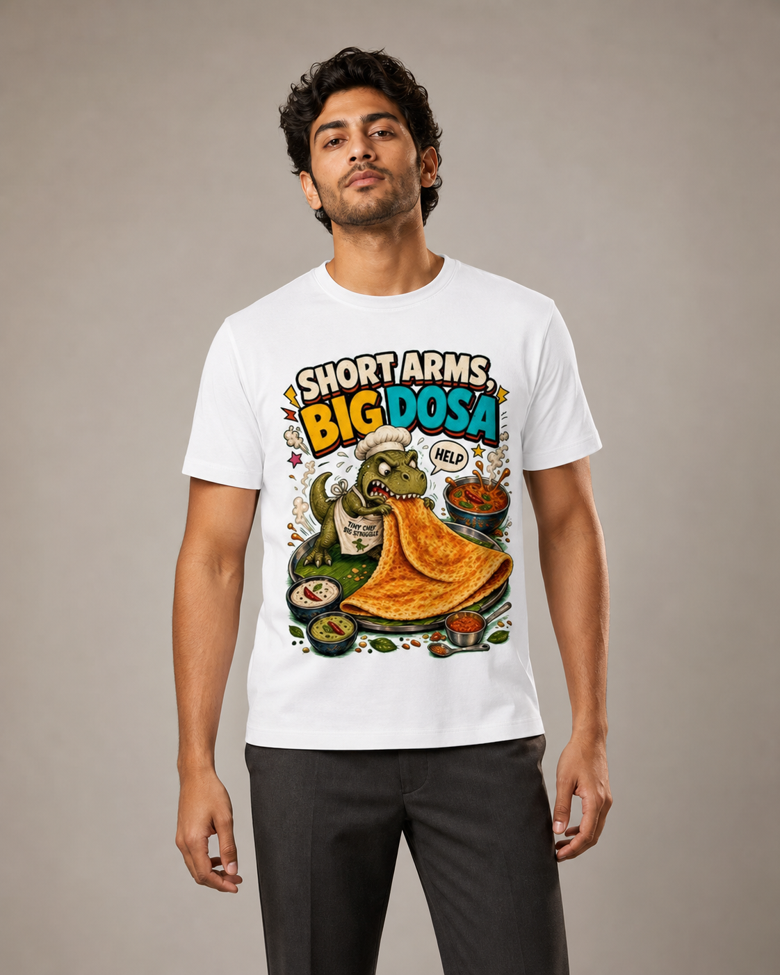 Dosa Dinosaur white DTG T-shirt on Indian male model, approximately 181 cm wearing size L