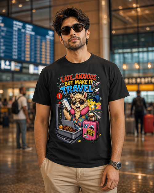 Airport Alpaca black DTG T-shirt on male model, approximately 182 cm wearing size L
