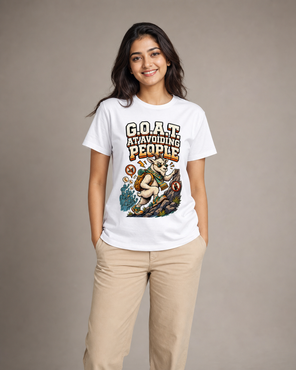 G.O.A.T. at Avoiding People White T-shirt – female model, approximately 5'6", size M