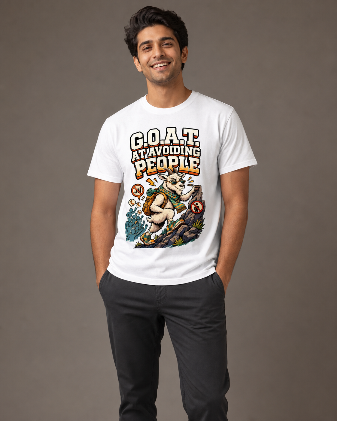 G.O.A.T. at Avoiding People White T-shirt – male model, approximately 6'0", size L