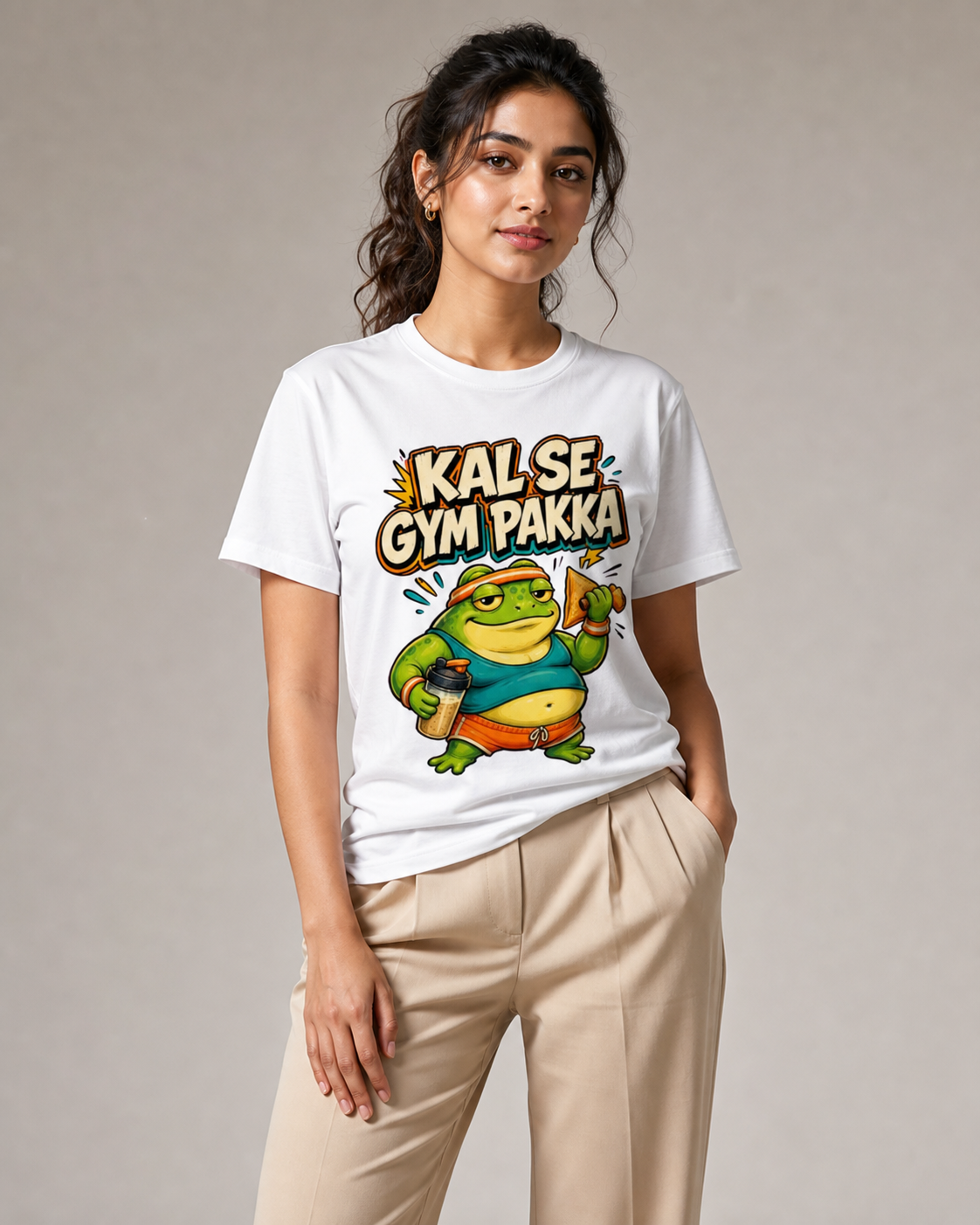 Kal Se Gym Pakka White T-shirt – female model, approximately 5'6", size M