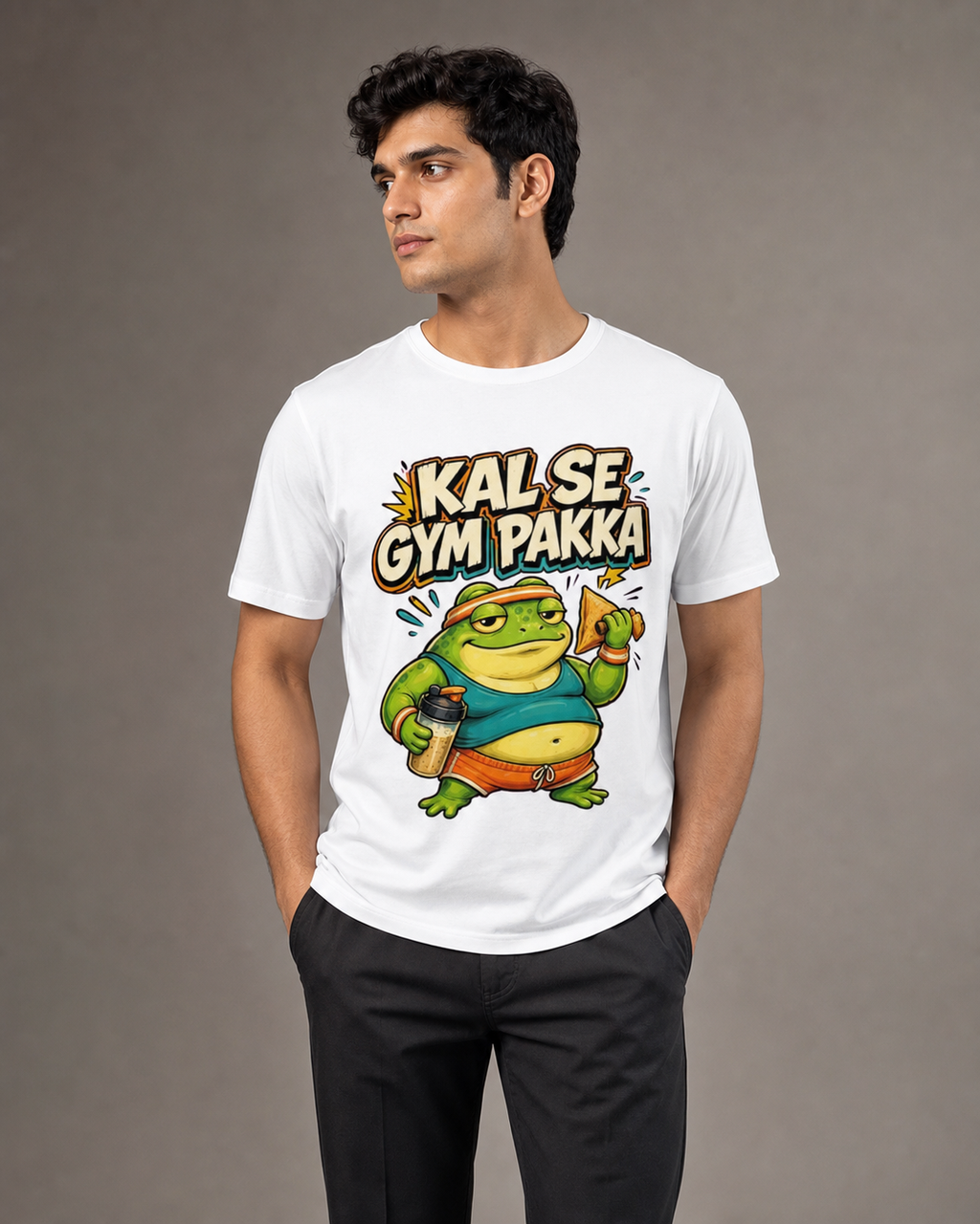 Kal Se Gym Pakka White T-shirt – male model, approximately 6'0", size L