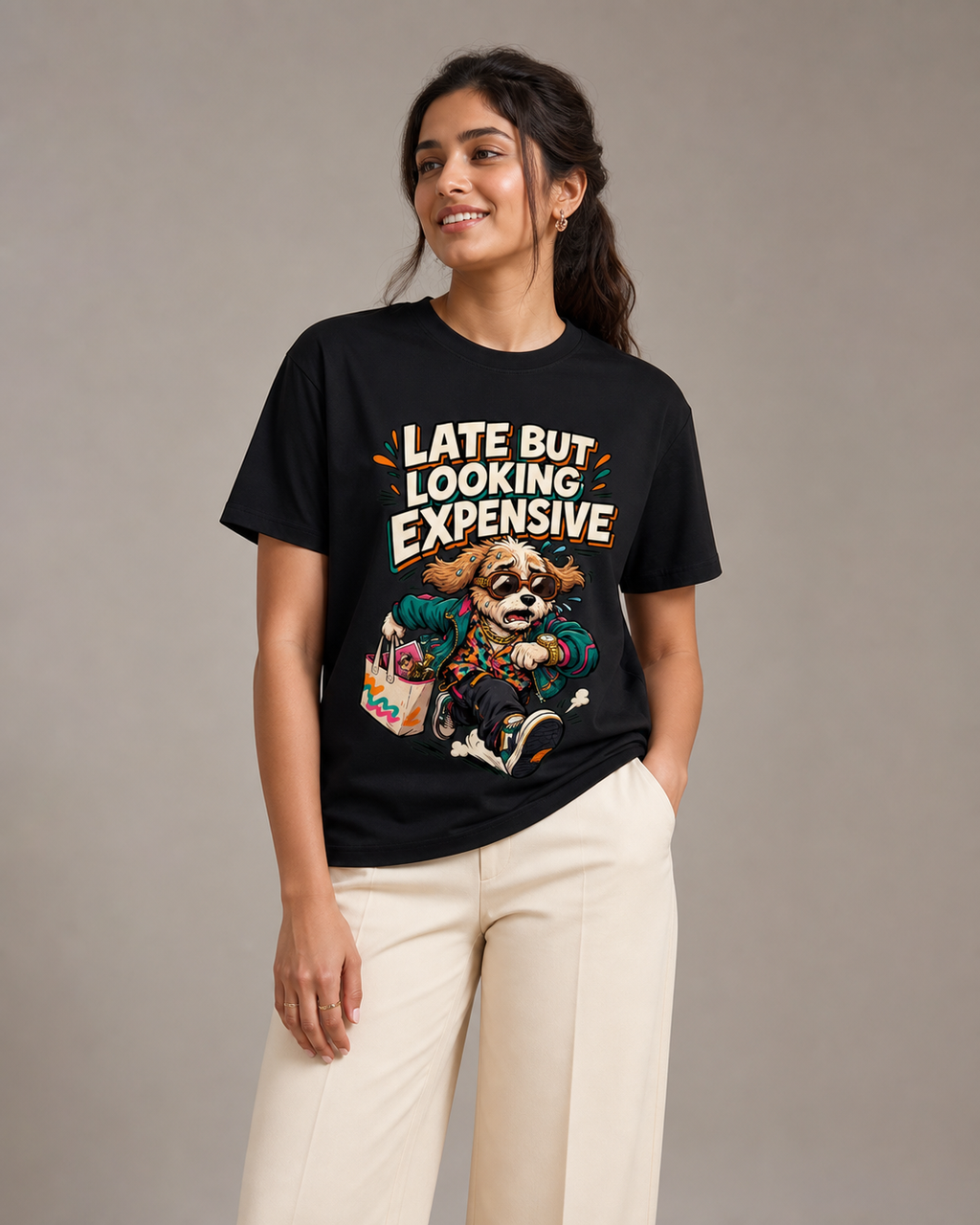 Late but Looking Expensive Black T-shirt – female model, approximately 5'6", size M