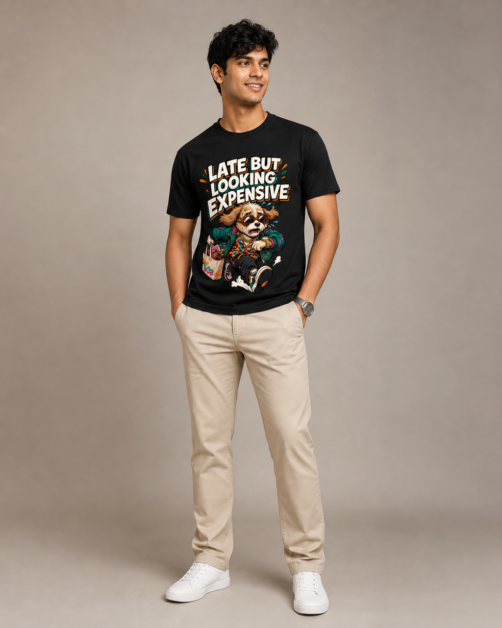 Late but Looking Expensive Black T-shirt – male model, approximately 6'0", size L