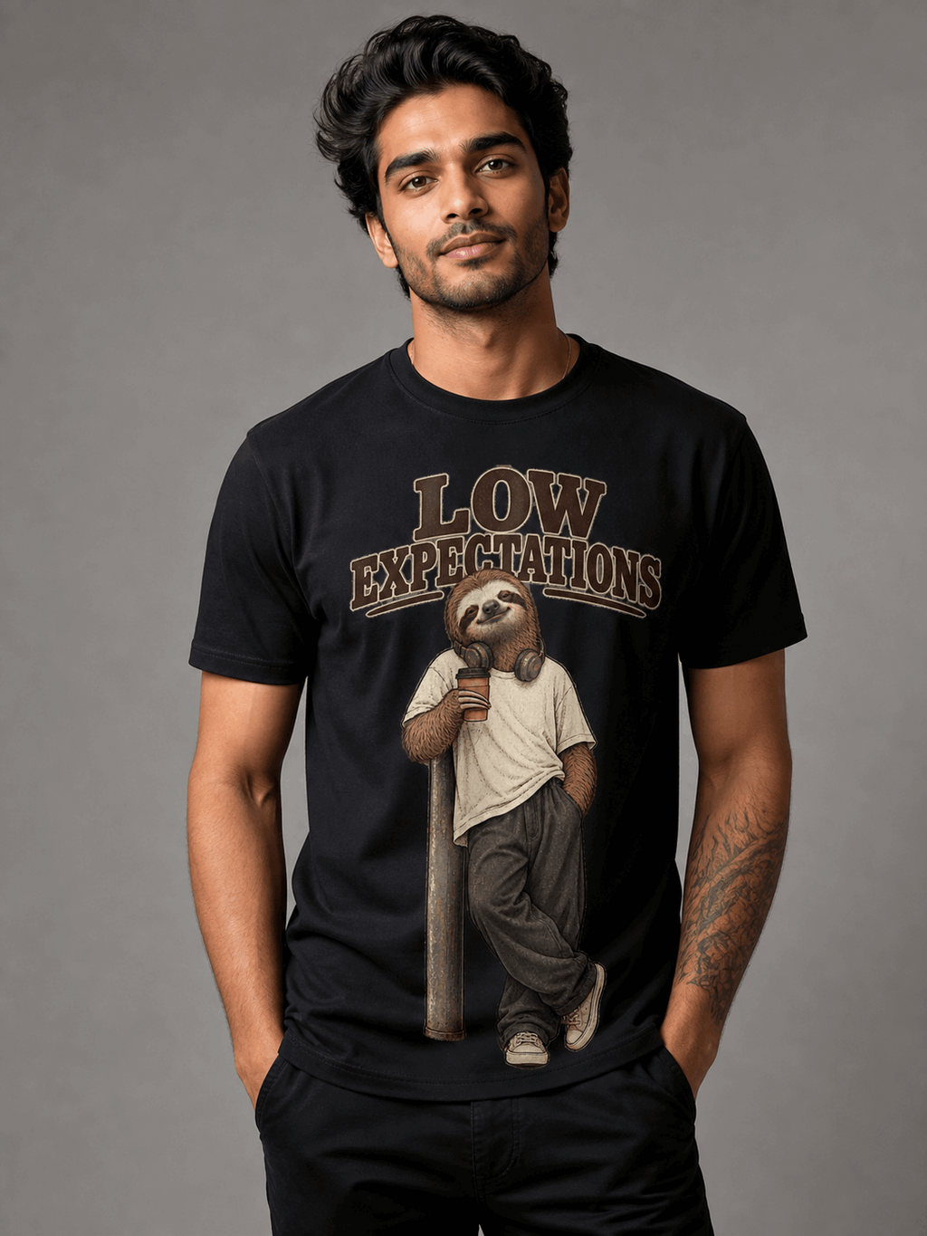 low expectations sloth black close male AI studio photoshoot