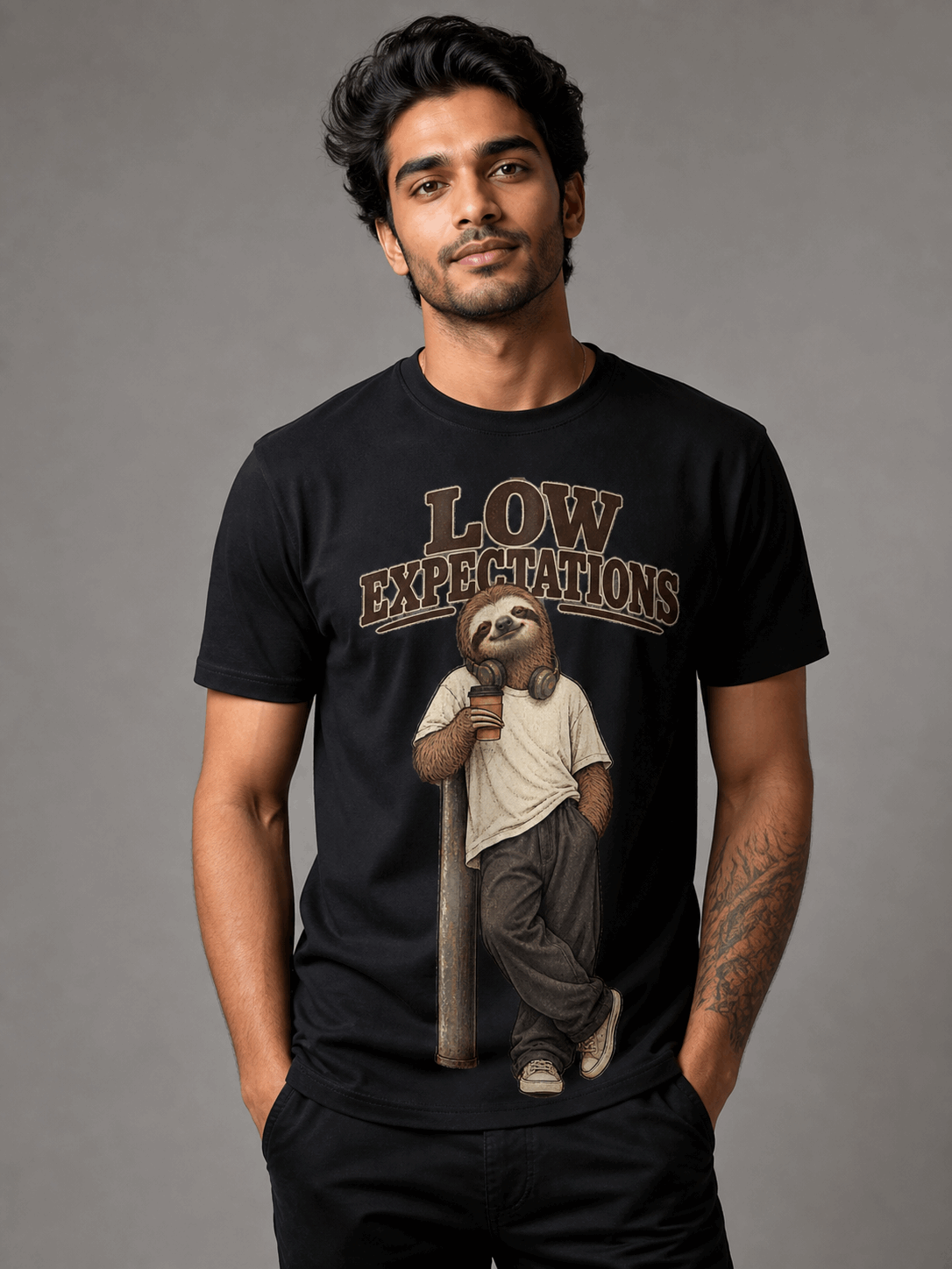 low expectations sloth black close male AI studio photoshoot