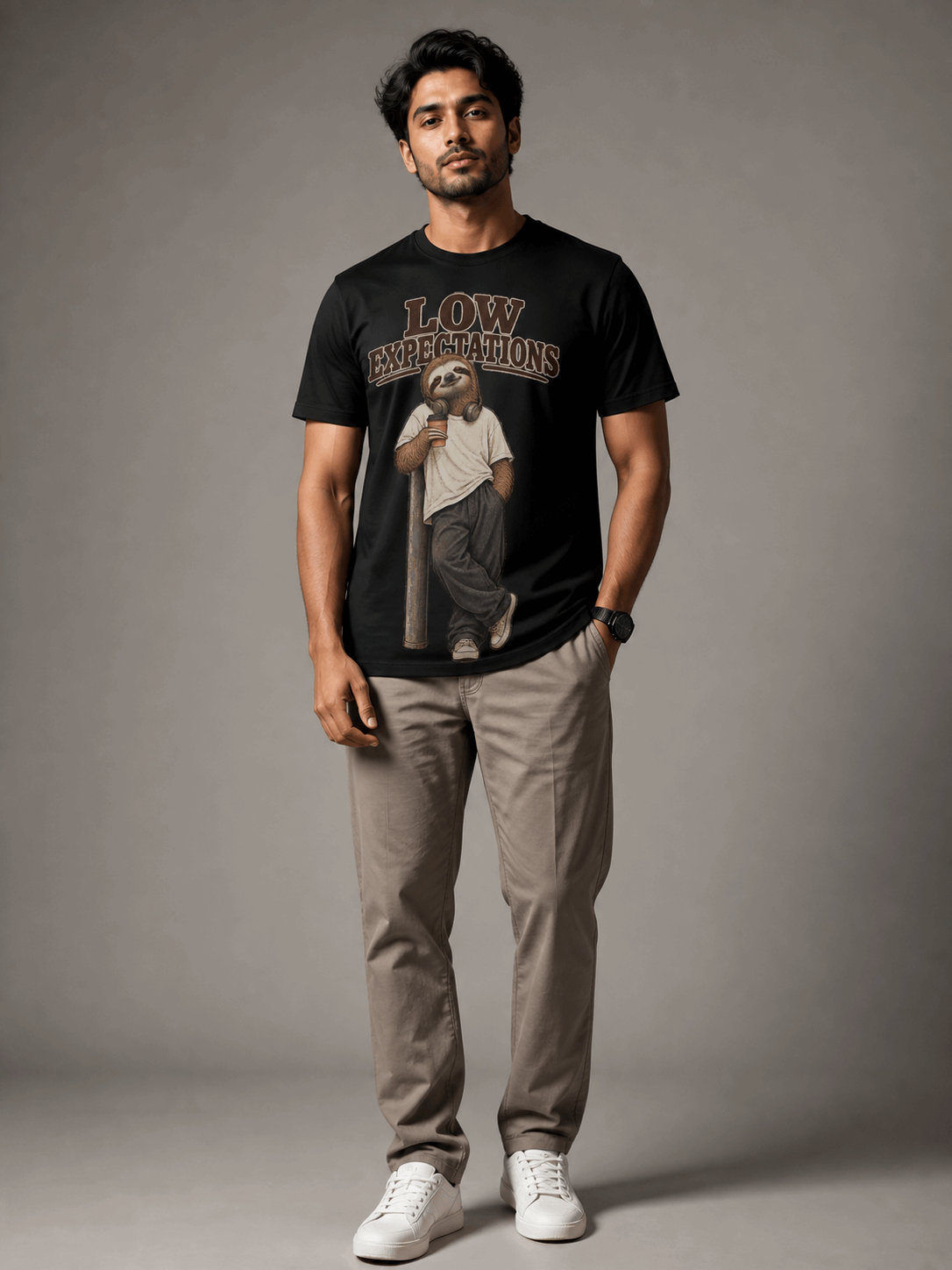 low expectations sloth black full male AI studio photoshoot
