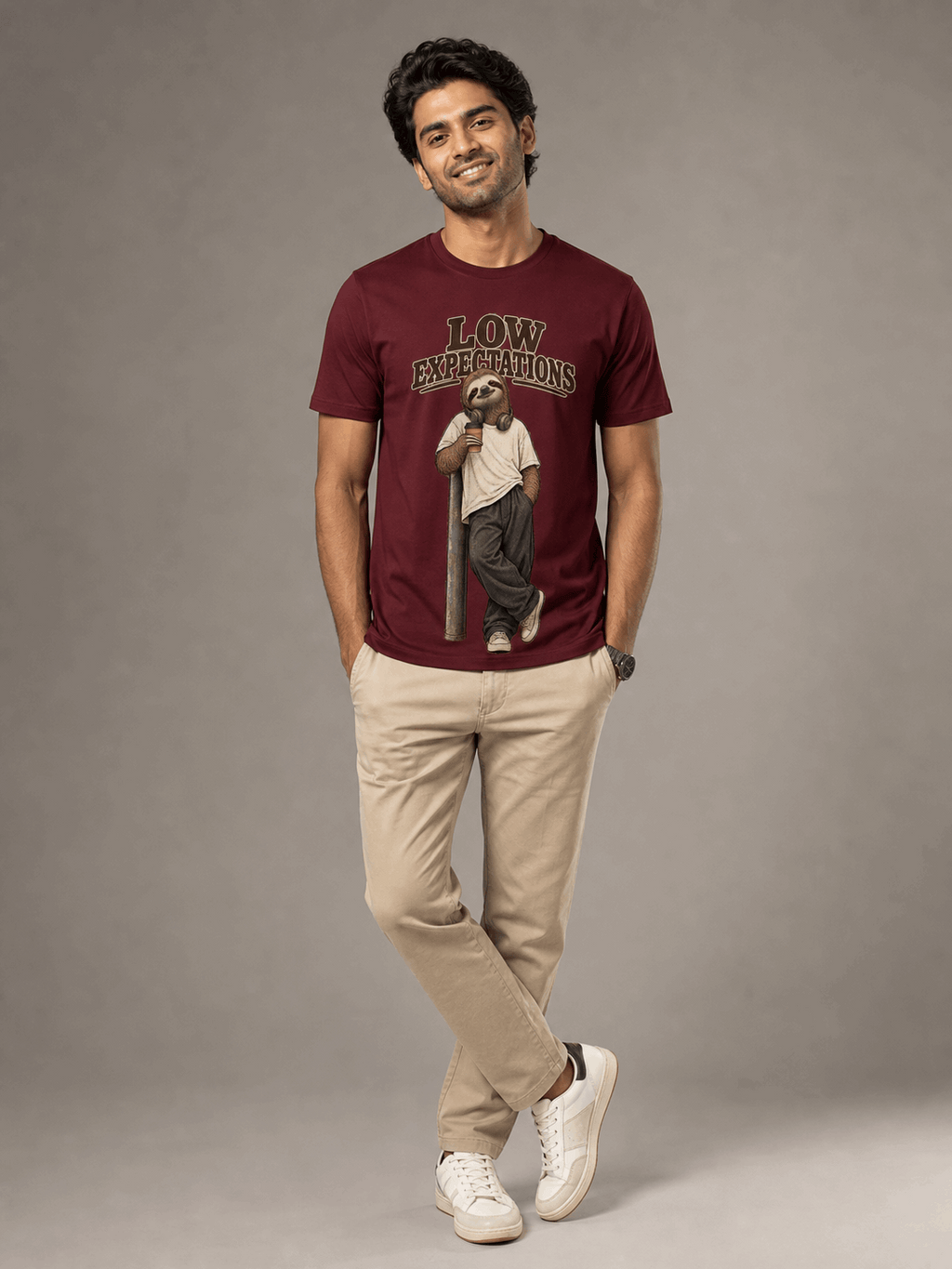 low expectations sloth maroon full male AI studio photoshoot