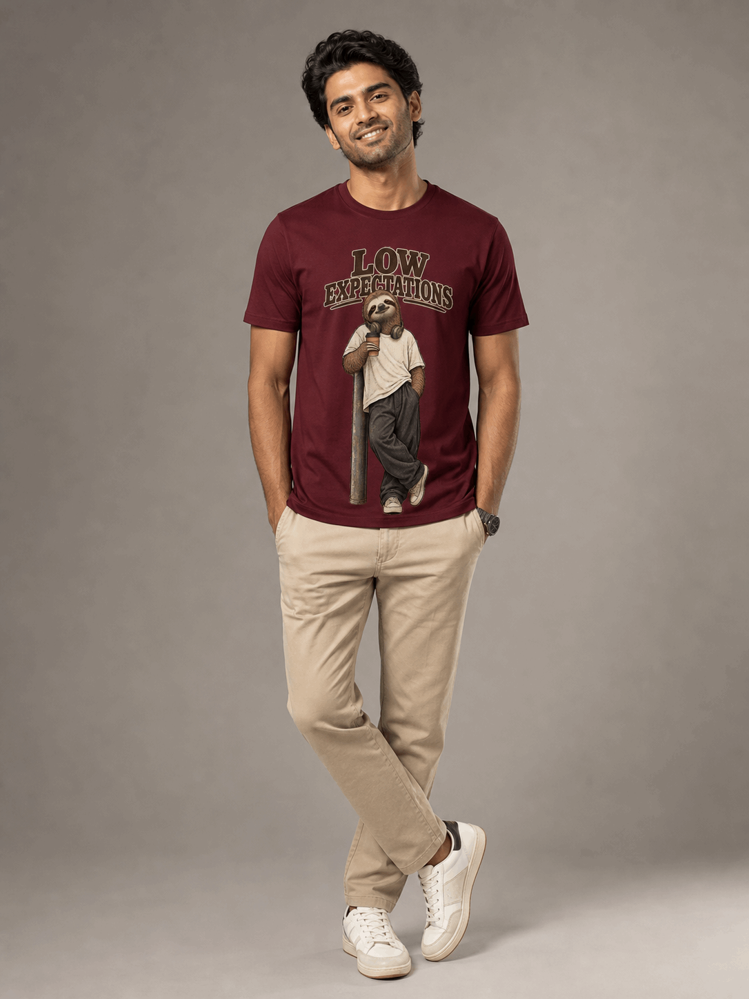 low expectations sloth maroon full male AI studio photoshoot